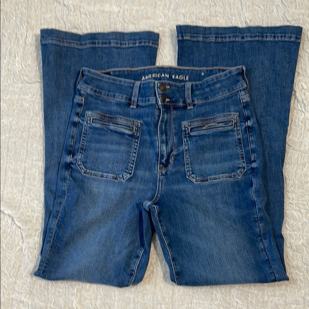 AE Next Level Stretch Super Hi Rise Flare Jeans sz 12 Long